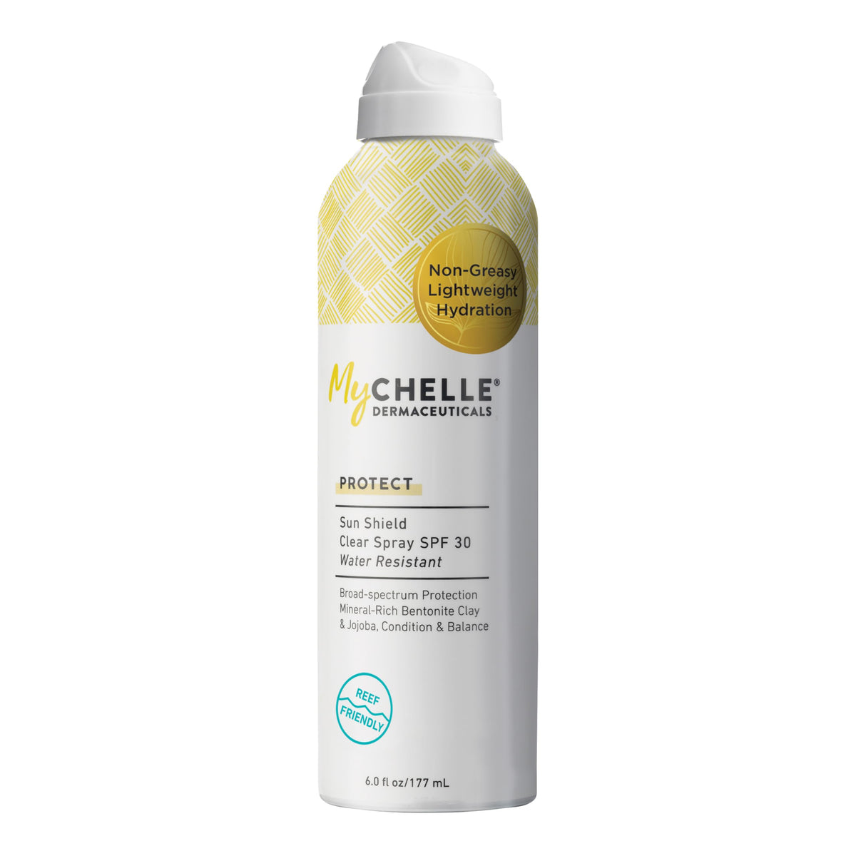 MyChelle Sun Shield Clear Spray SPF 30 bottle for daily broad-spectrum protection.