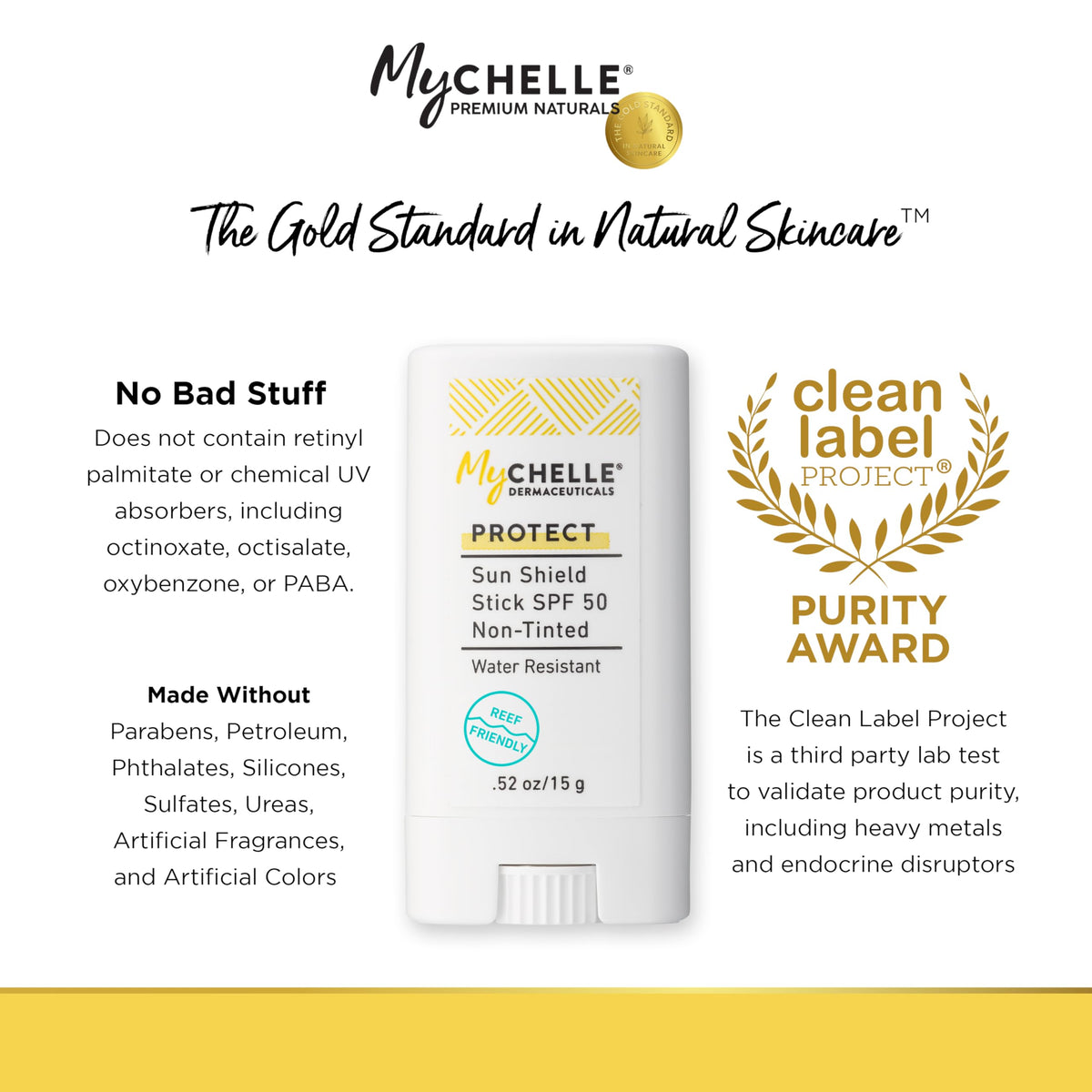 MyChelle Sun Shield Stick SPF 50 packaging emphasizes reef-safe formula.