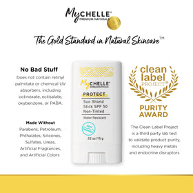 MyChelle Sun Shield Stick SPF 50 packaging emphasizes reef-safe formula.