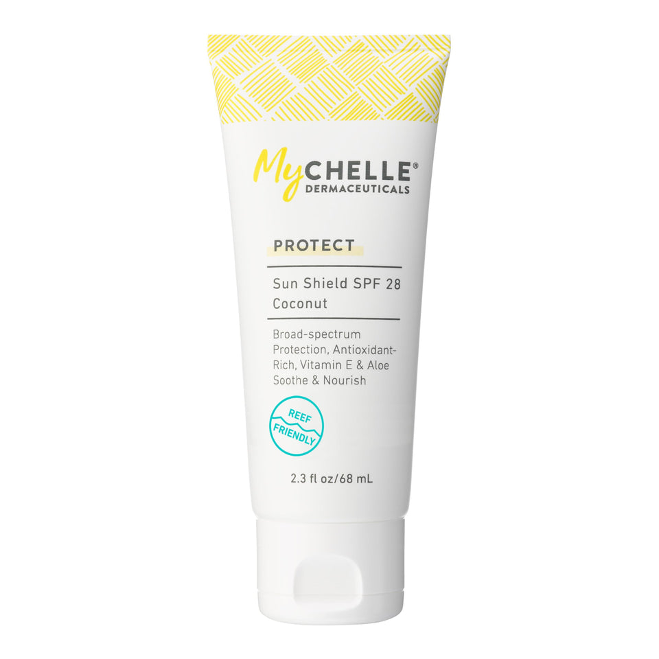 MyChelle Sun Shield SPF 28 coconut-tube on skin provides everyday reef-safe protection