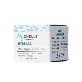MyChelle Ultra Hyaluronic Eye Gel application around the eye area providing gentle daily hydration.