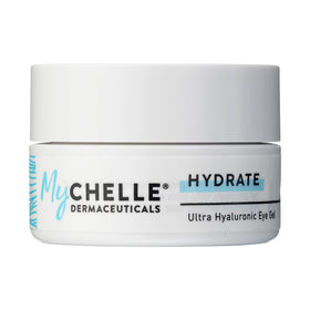 MyChelle Ultra Hyaluronic Eye Gel bottle pour showing quick hydration for delicate eye skin.