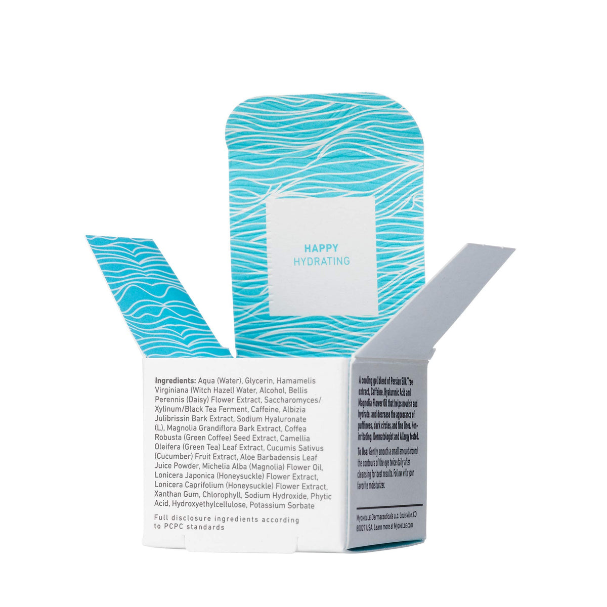 MyChelle Ultra Hyaluronic Eye Gel label highlights dermatologist-tested status for sensitive skin.