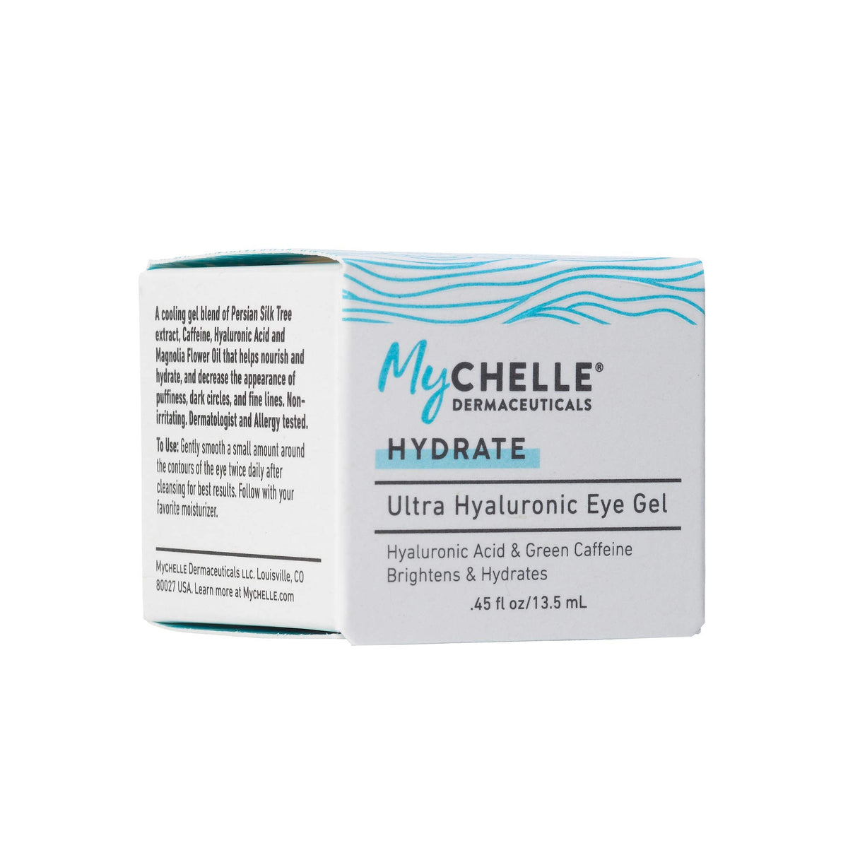 MyChelle Ultra Hyaluronic Eye Gel hydration-drops illustrating instant moisture for refreshed under-eye skin.