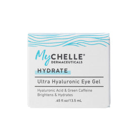 MyChelle Ultra Hyaluronic Eye Gel with rose hip oil emphasizing nourished under-eye skin.