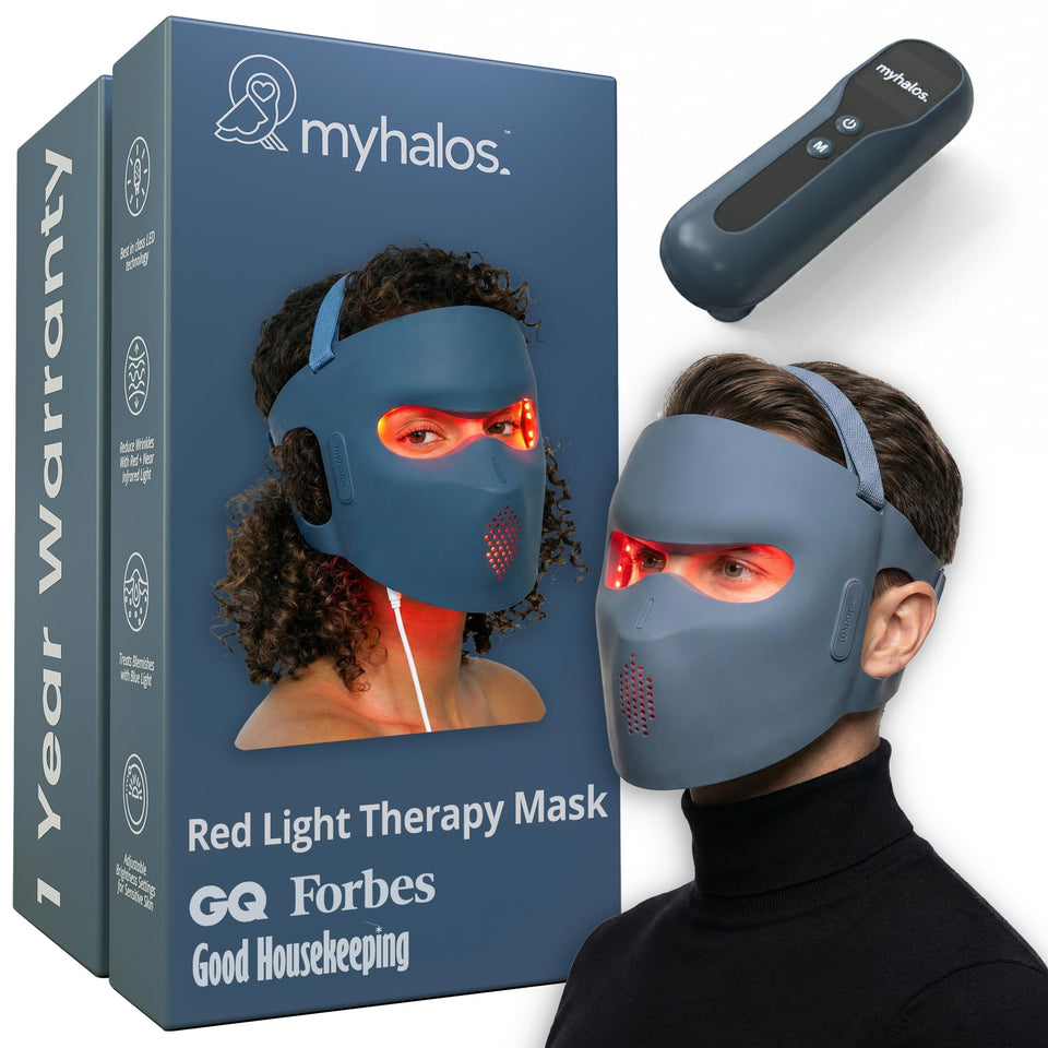 myhalos red-light mask front view shows ergonomic fit for all face shapes