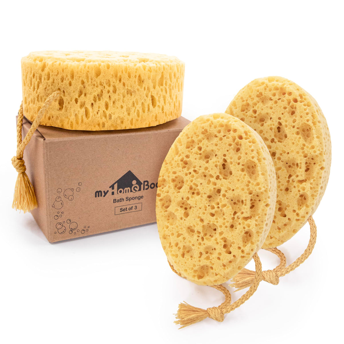 MyHomeBody bath sponge with oval large shape for easy grip and thorough cleansing.