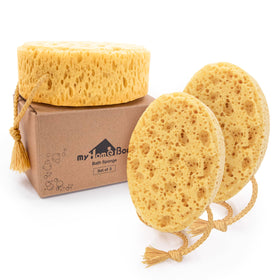 MyHomeBody bath sponge with oval large shape for easy grip and thorough cleansing.