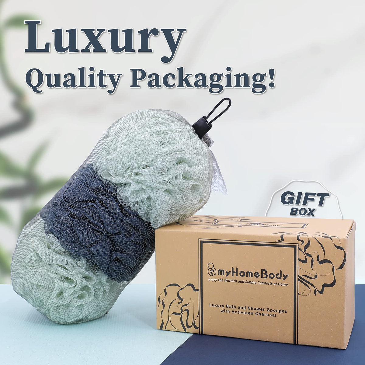 MyHomeBody 3-pack loofah set in sea foam green and navy blue colors.