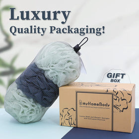 MyHomeBody 3-pack loofah set in sea foam green and navy blue colors.