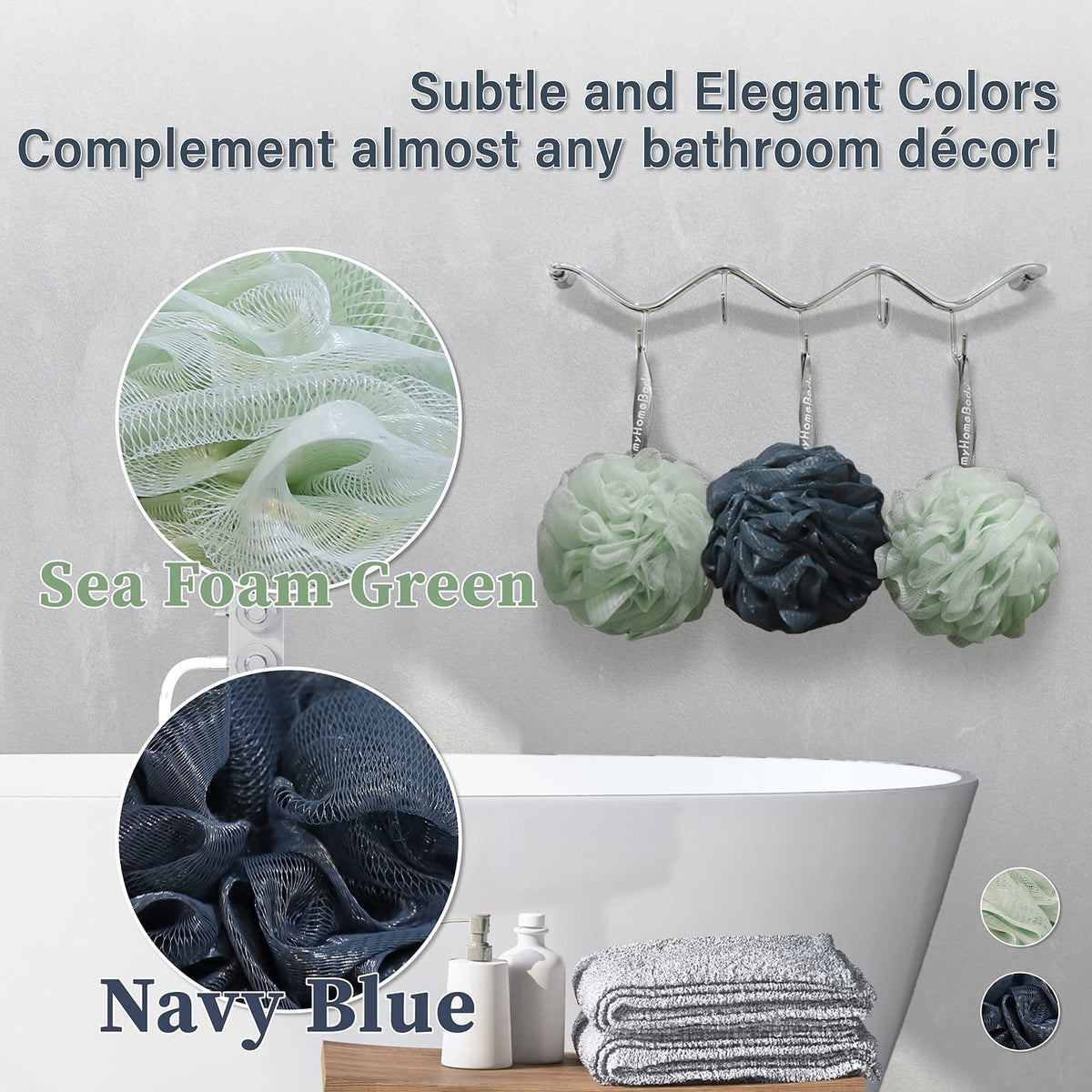 MyHomeBody loofah sponge in navy blue for a refreshing shower massage.