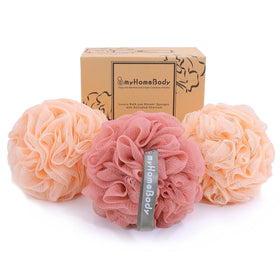 The myHomeBody loofah sponge in peach color offers gentle exfoliation and cloud-like lather.