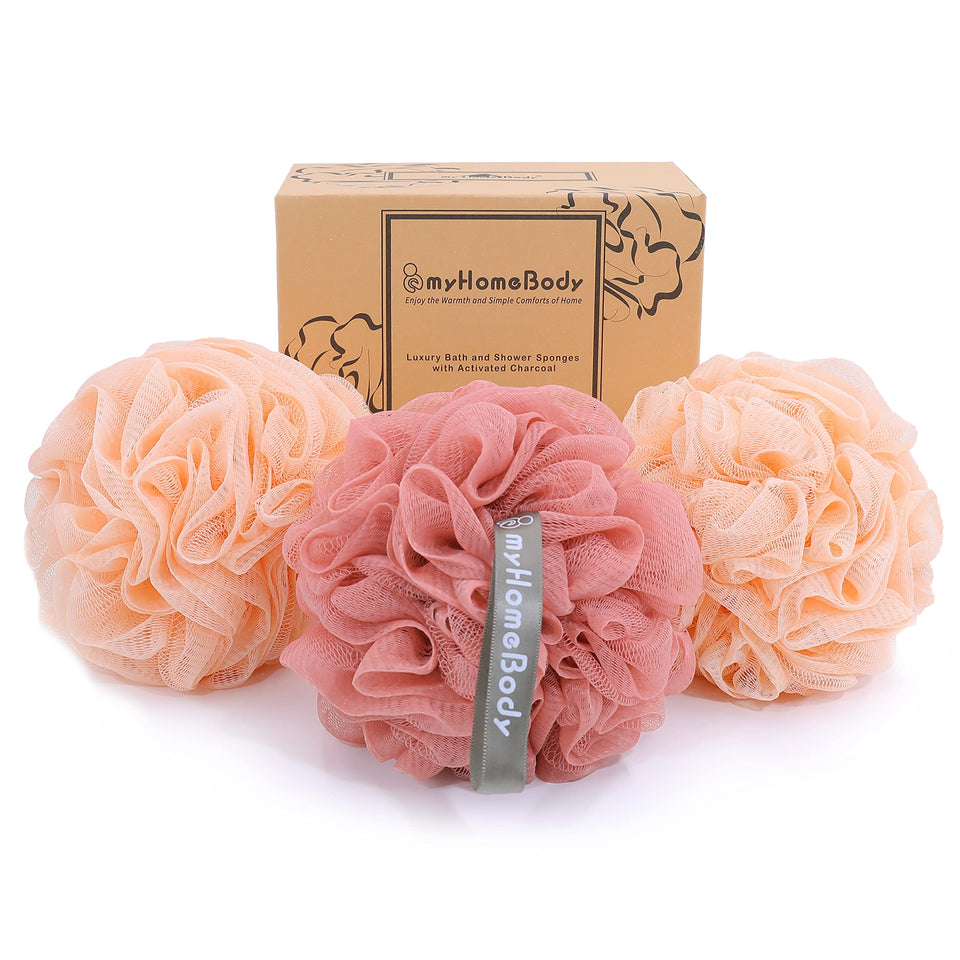 The myHomeBody loofah sponge in peach color offers gentle exfoliation and cloud-like lather.