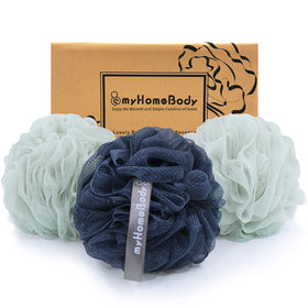 MyHomeBody loofah sponge in sea foam green for a gentle exfoliating cleanse.
