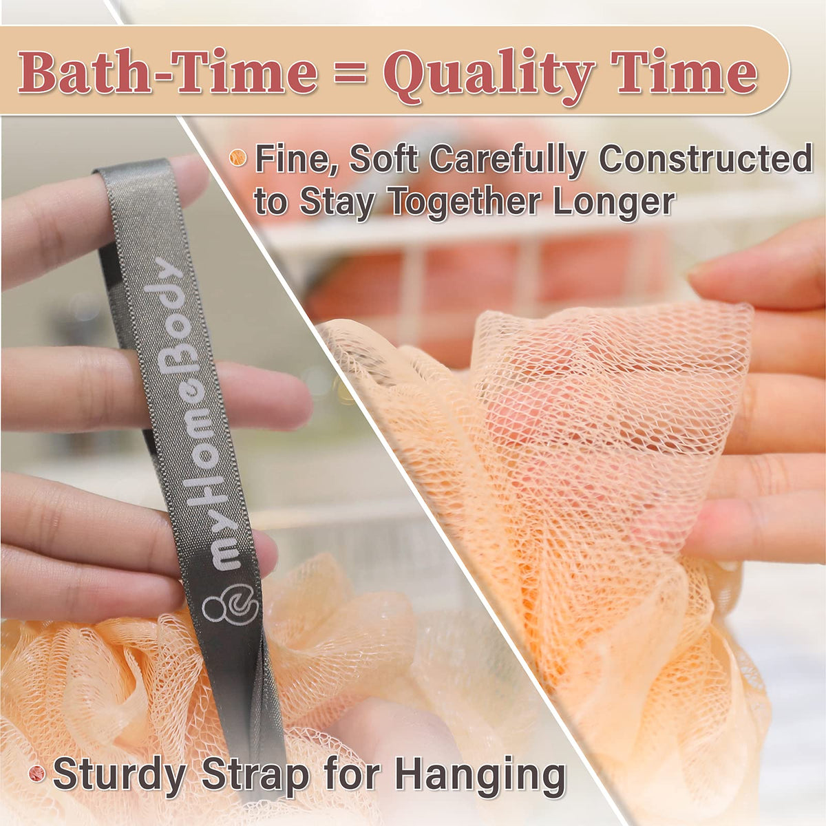 Activated charcoal infused myHomeBody loofah sponge for subtle cleansing during baths.