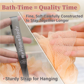Activated charcoal infused myHomeBody loofah sponge for subtle cleansing during baths.