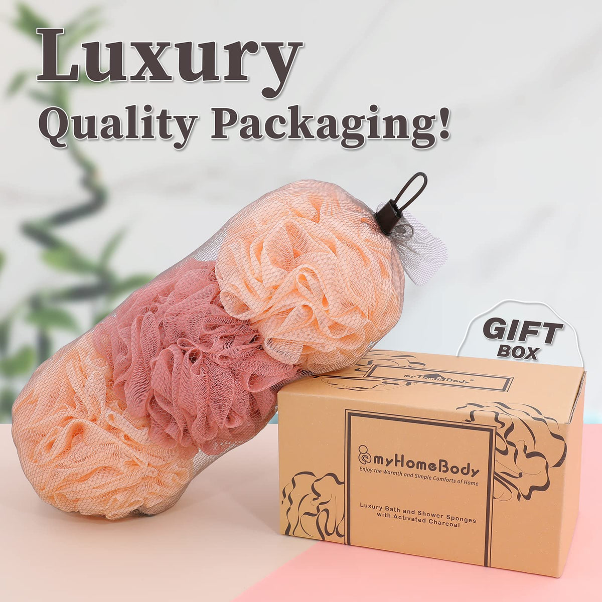 Ergonomic grip myHomeBody loofah sponge designed for comfortable use during showers.