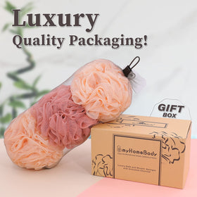 Ergonomic grip myHomeBody loofah sponge designed for comfortable use during showers.