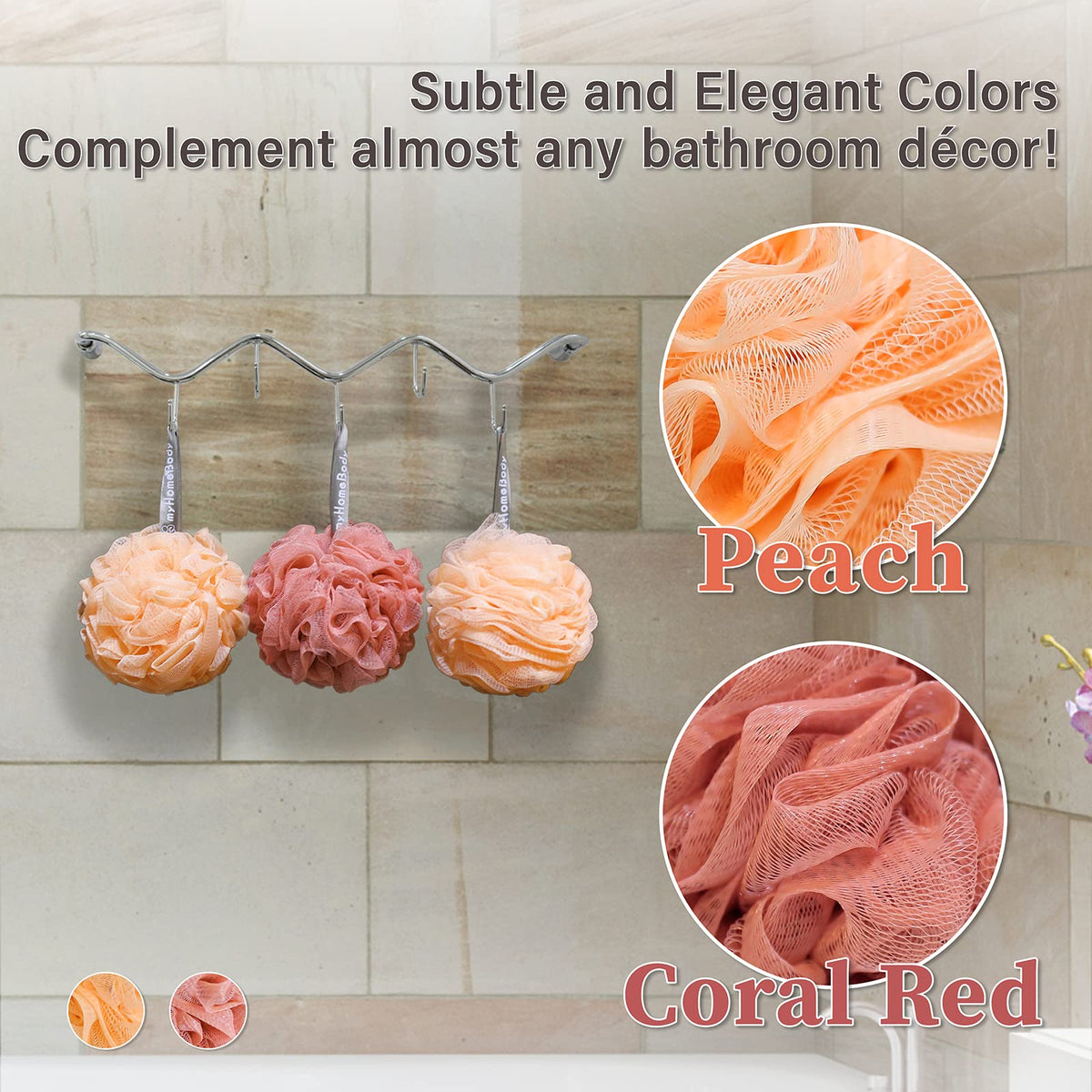 Close-up of myHomeBody loofah sponge texture showing premium mesh for gentle exfoliation.