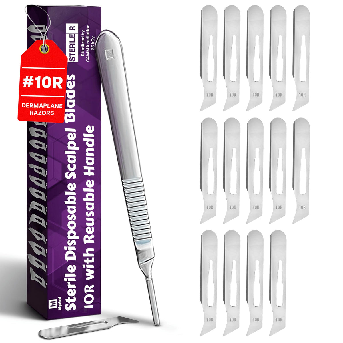 MyMed 10R blades pack shot showing sharp precision for gentle facial exfoliation