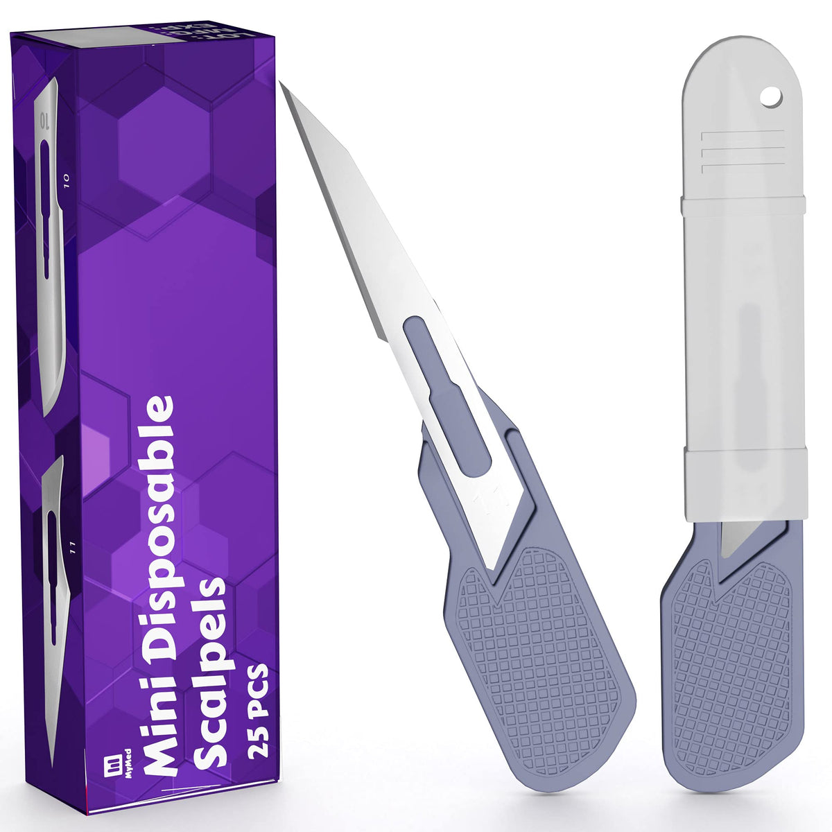 MyMed dermaplane razor close-up highlighting sharp blade for gentle facial grooming.