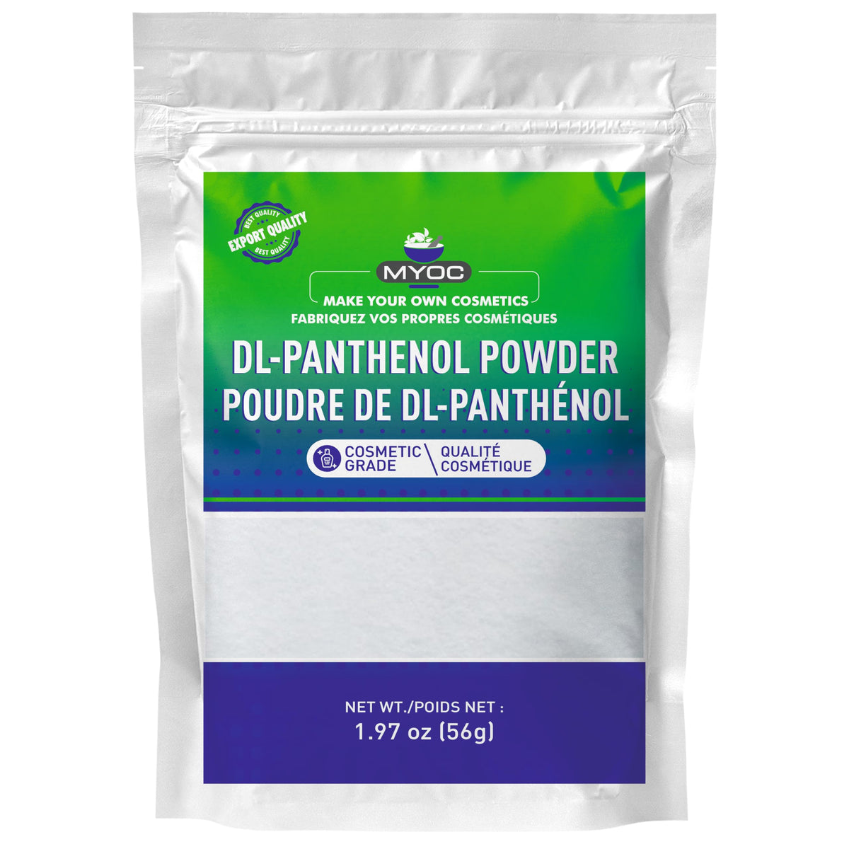 MYOC DL-Panthenol powder packaging for cosmetic-grade formulations.