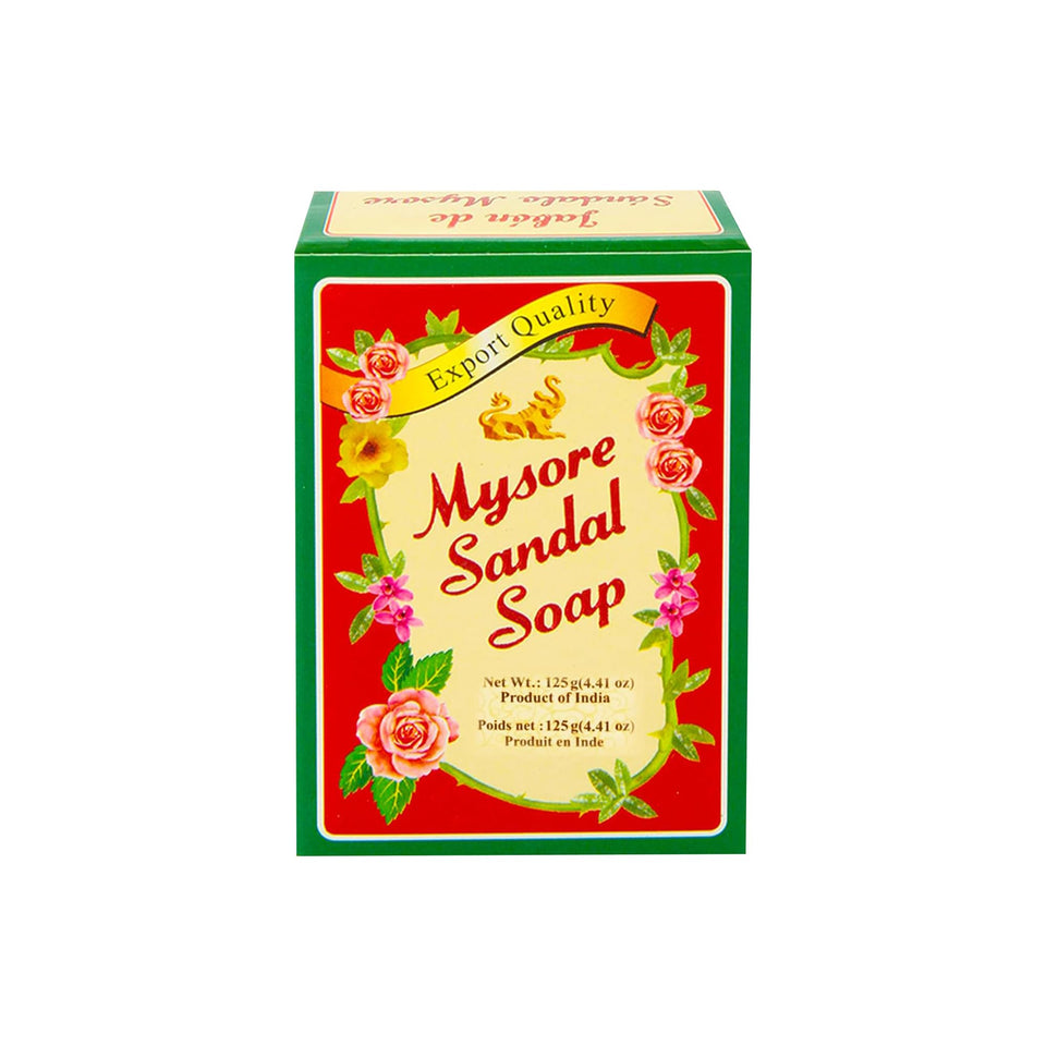 Mysore Sandal Soap box packaging showing five bars for daily cleansing.