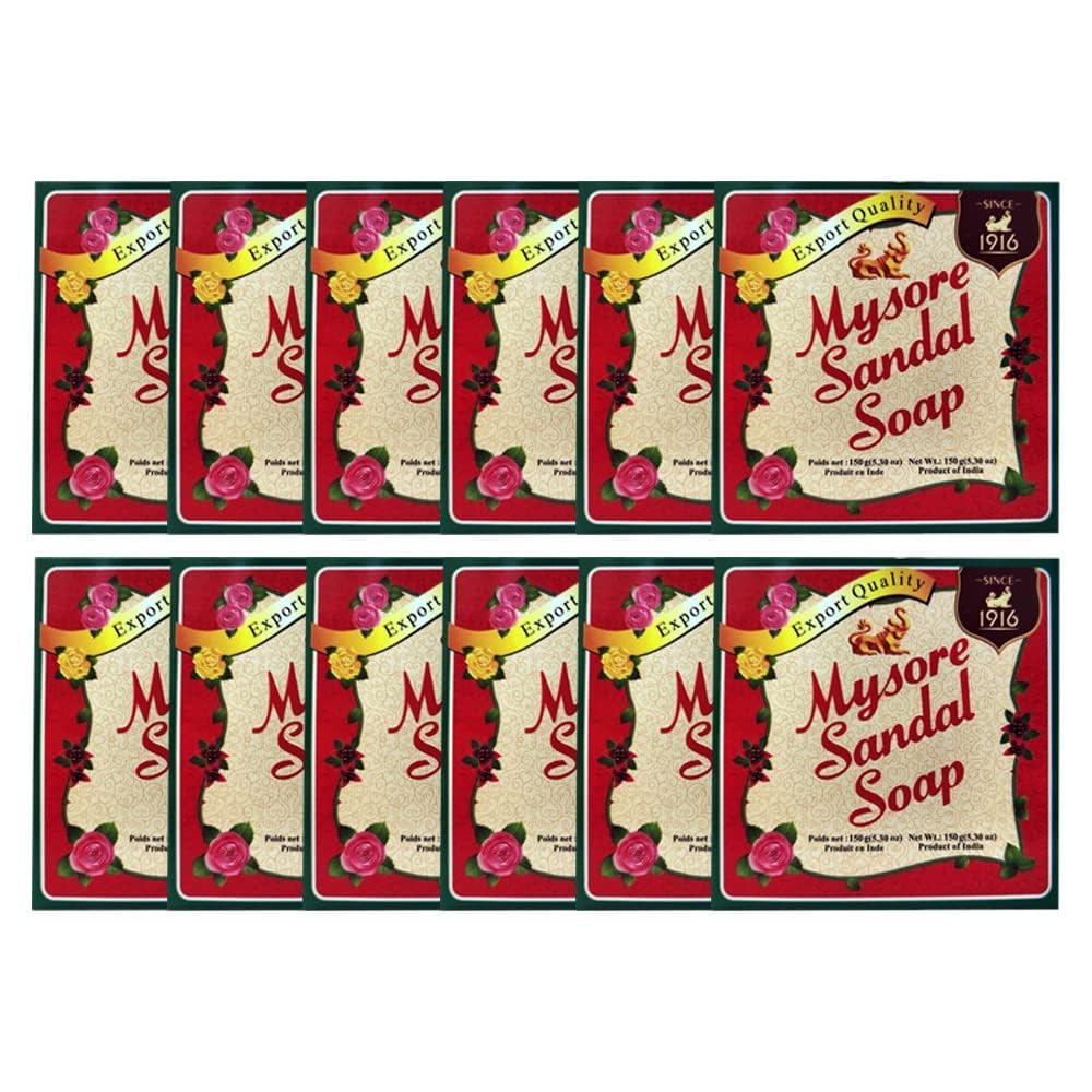 Mysore Sandal Soap pack-shot showing 12 bars for daily cleansing with sandalwood aroma