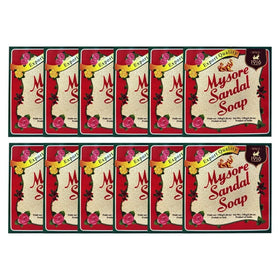 Mysore Sandal Soap pack-shot showing 12 bars for daily cleansing with sandalwood aroma
