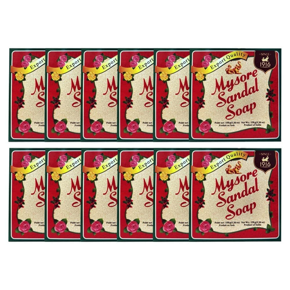 Mysore Sandal Soap pack-shot showing 12 bars for daily cleansing with sandalwood aroma