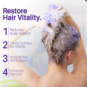 MYSTÉRE BEAUTÉ Gray hair tone close-up illustrating brass-neutralizing effect.