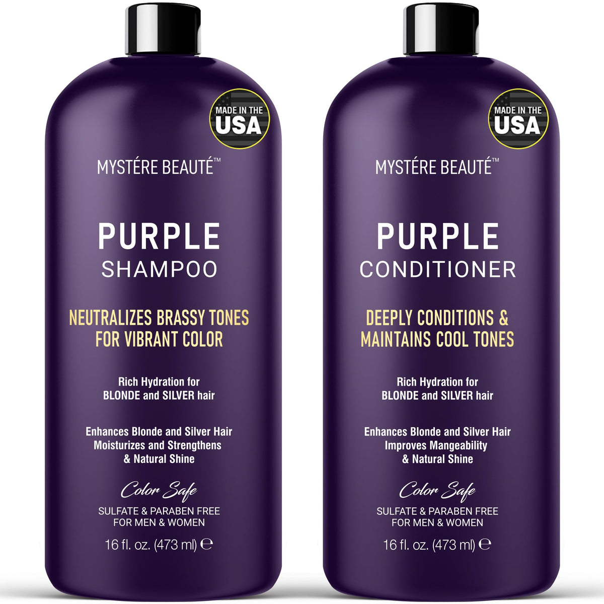 MYSTÉRE BEAUTÉ Purple Shampoo bottle showing violet toning for blonde and silver hair.