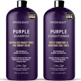 MYSTÉRE BEAUTÉ Purple Shampoo bottle showing violet toning for blonde and silver hair.