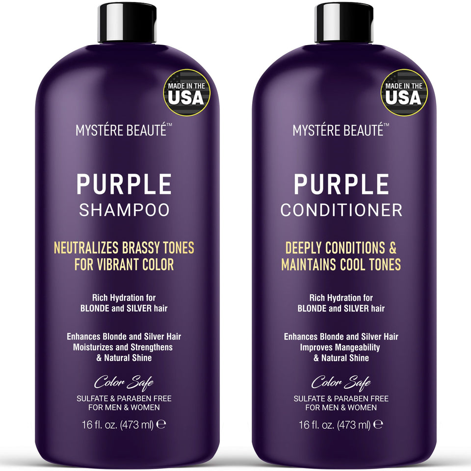 MYSTÉRE BEAUTÉ Purple Shampoo bottle showing violet toning for blonde and silver hair.