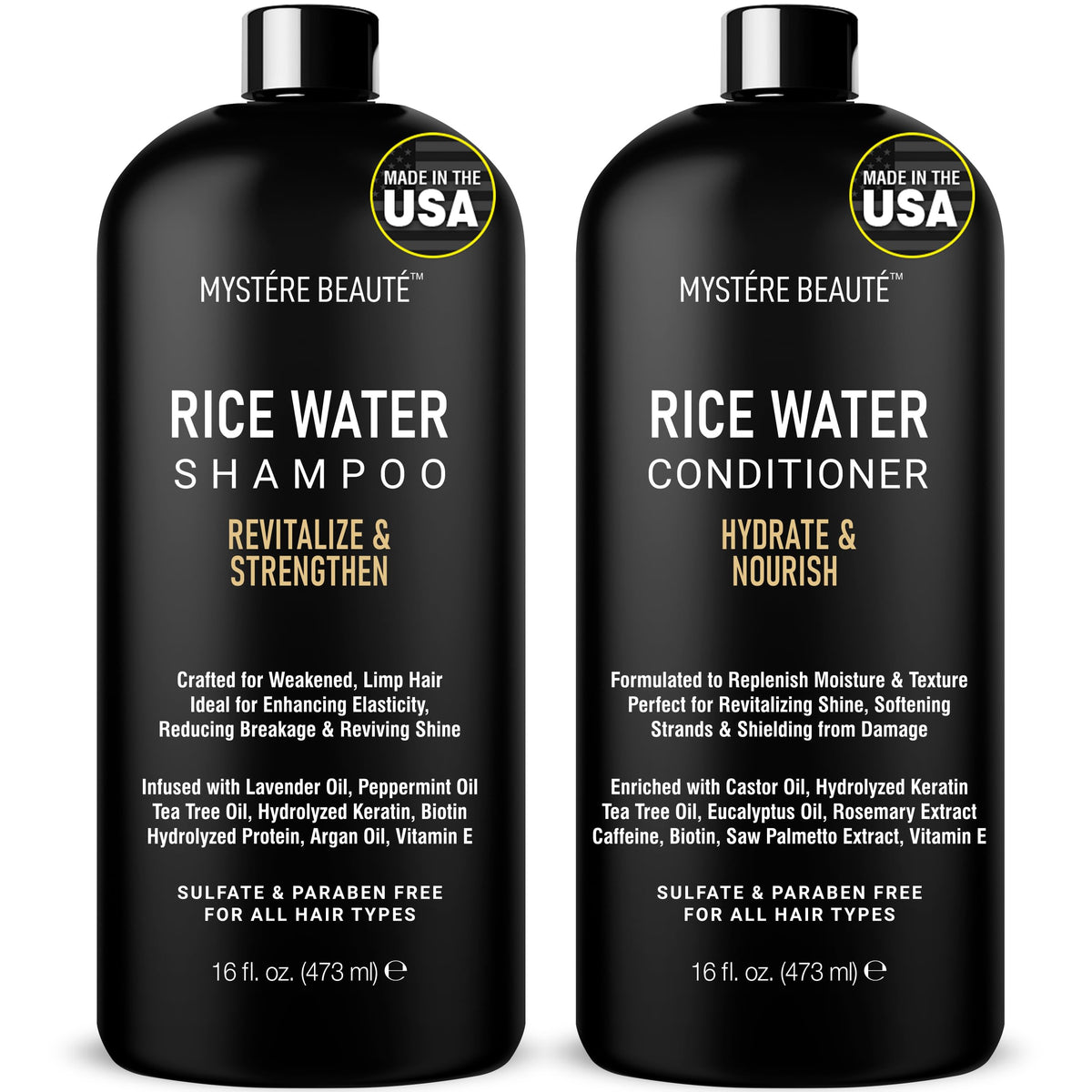 MYSTÉRE BEAUTÉ rice water shampoo bottle shows gentle cleansing for all hair types