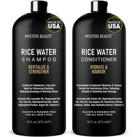 MYSTÉRE BEAUTÉ rice water shampoo bottle shows gentle cleansing for all hair types