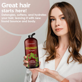 MYSTÉRE BEAUTÉ Rosemary Shampoo bottle in hand suggests easy daily use