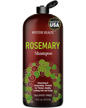 MYSTÉRE BEAUTÉ Rosemary Shampoo bottle with rosemary sprigs promotes scalp health