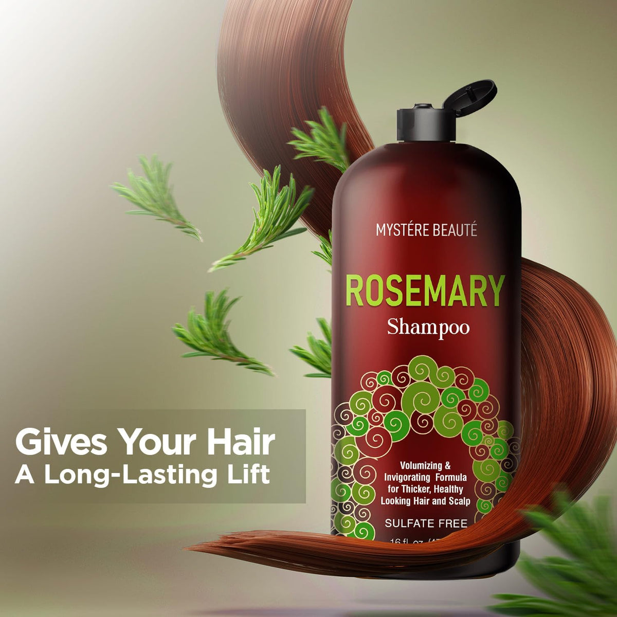 MYSTÉRE BEAUTÉ Rosemary Shampoo with rosemary imagery conveys natural ingredients and scalp care