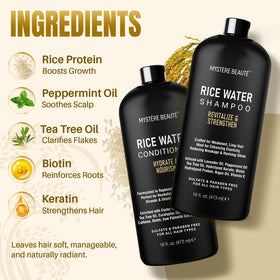 MYSTÉRE BEAUTÉ rice water shampoo ingredients bottle showcases fortifying formula with biotin