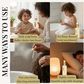 Mystique Abundance Revatology Kids Hair Closeup shows nourishing botanicals for soft strands.