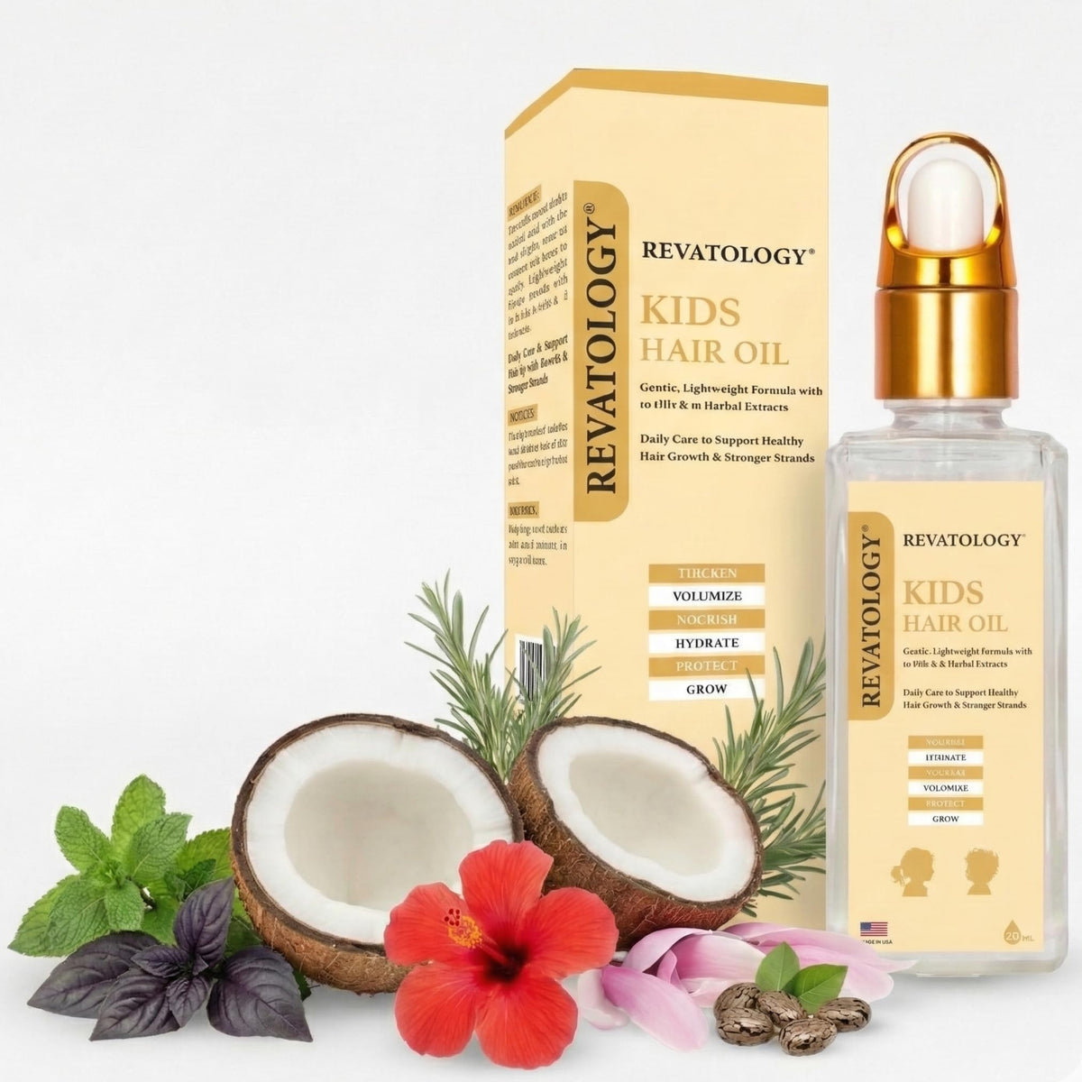 Mystique Abundance Revatology Kids Hair Oil bottle offers gentle pre-wash scalp care.