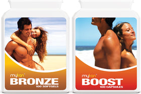 MyTan Ultimate Pack bottle front showing the tanning supplement duo for sun exposure
