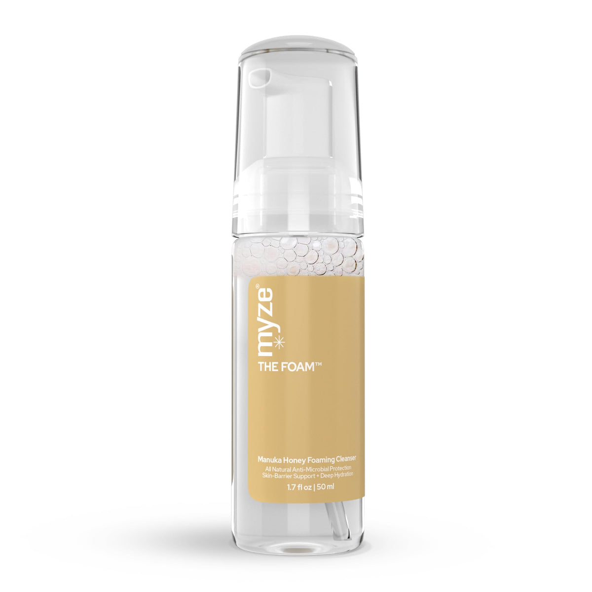 Myze The Foam pump application on eyelids for gentle daily cleansing.