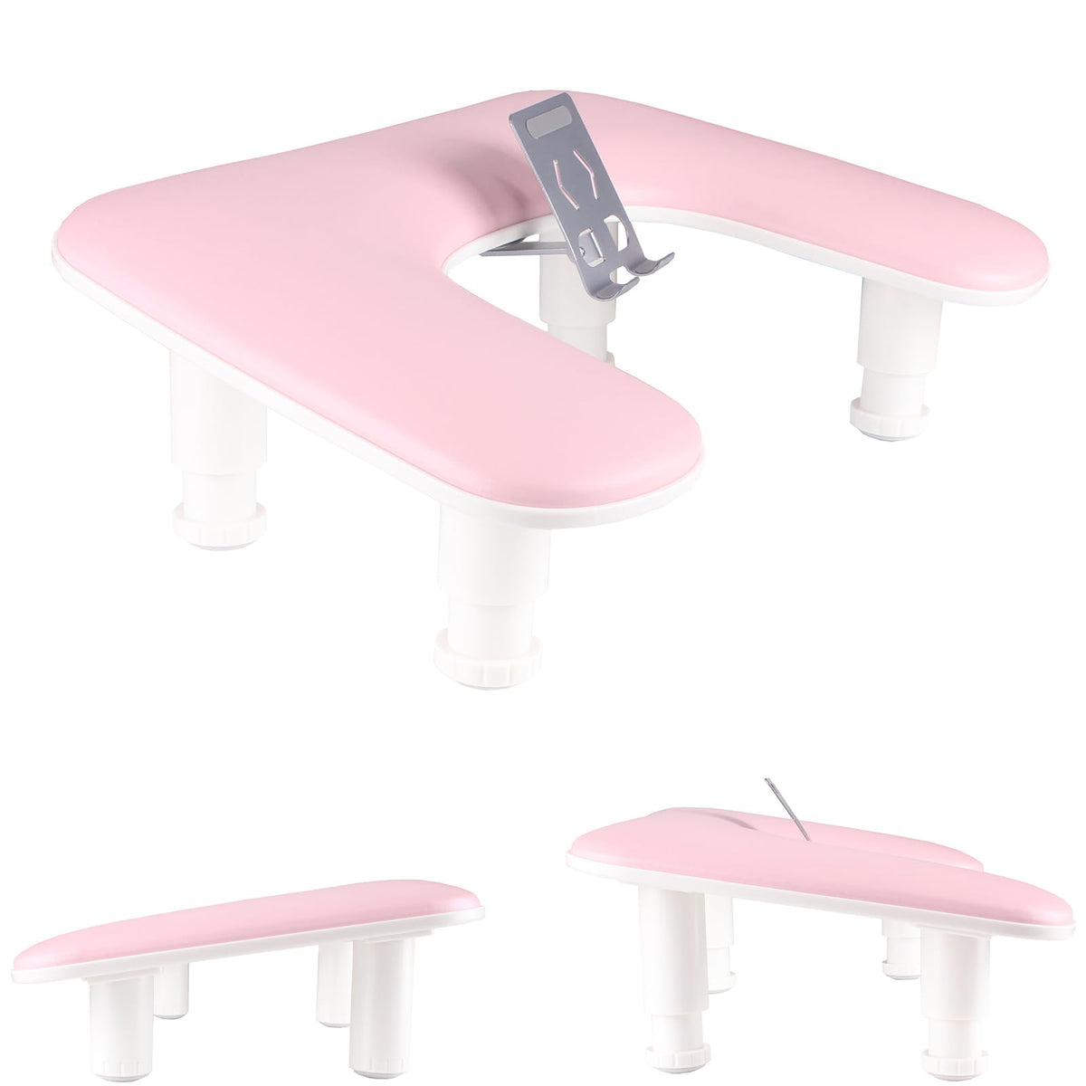 MZCMSL arm rest for nails with rotating phone holder in pink; easy client phone access.