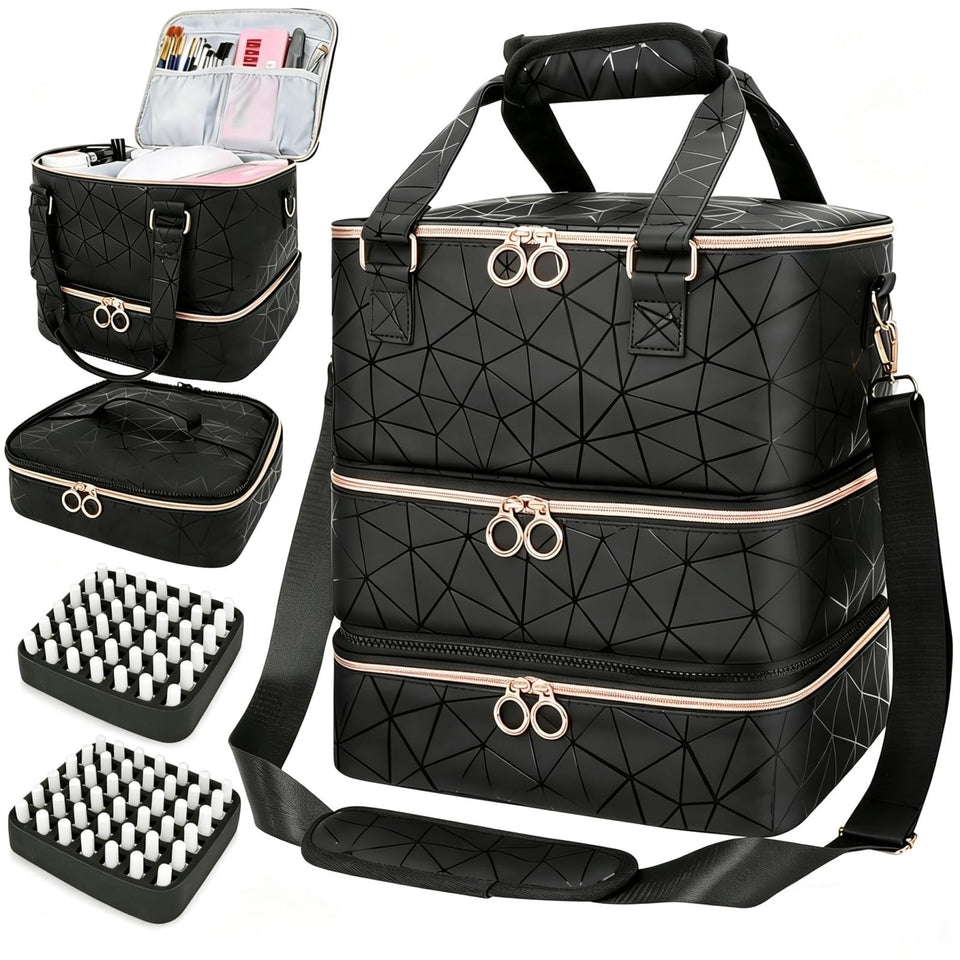 MZTXY nail polish organizer bag showing 84-bottle capacity for pro use