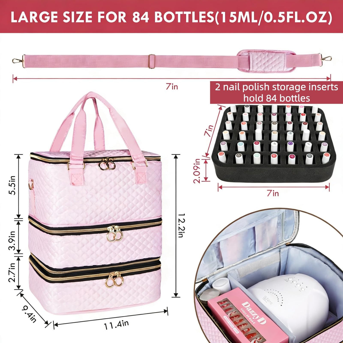 Large capacity case fits brushes, lamp, and assorted nail tools.