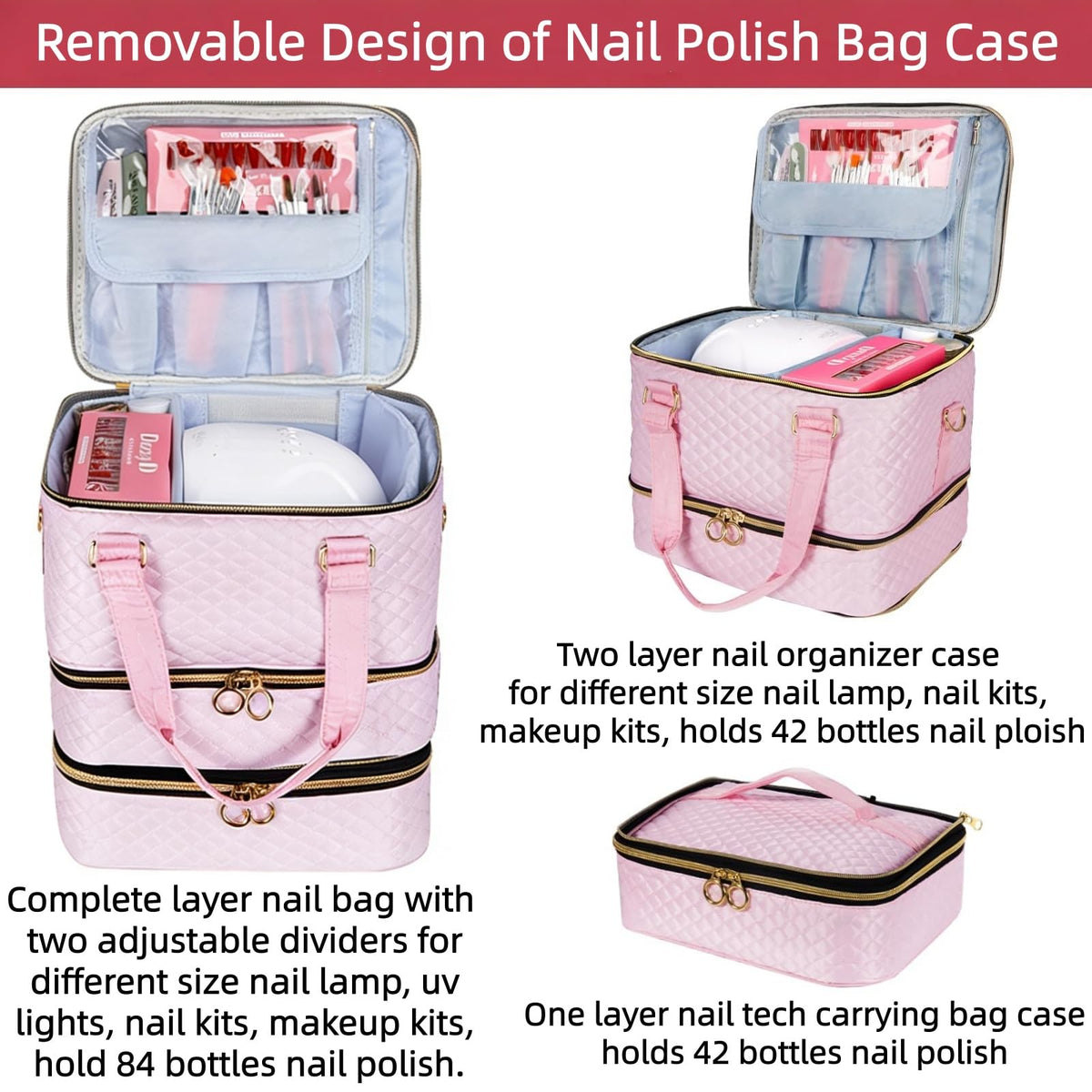Removable third layer offers flexible storage for on-the-go nail art gear.