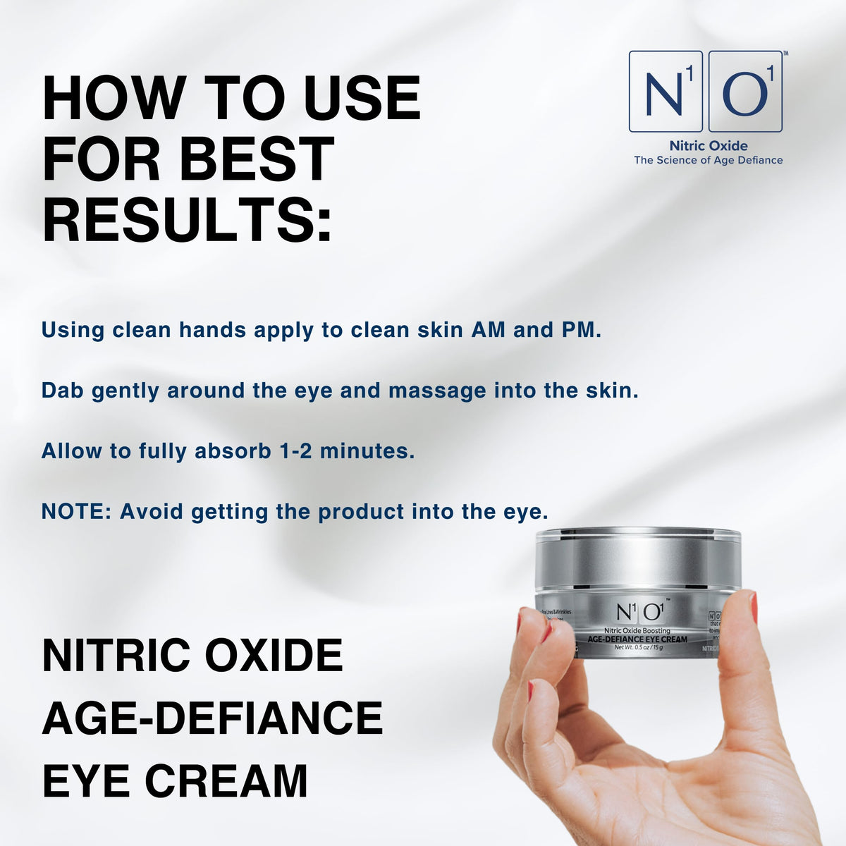 N1O1 Age-Defiance Eye Cream dab application demonstrating gentle puffiness care