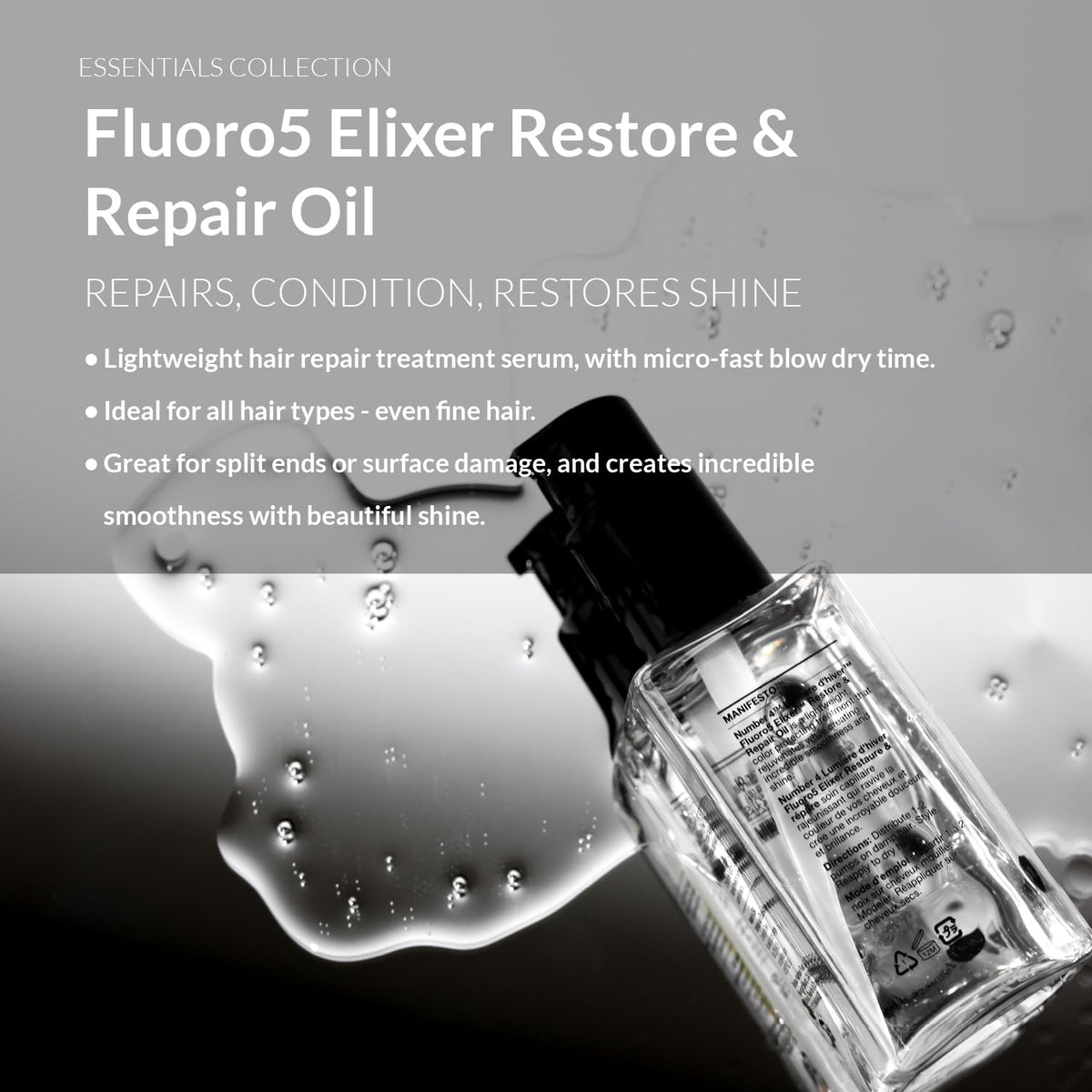 N4 Fluoro5 Elixir label notes vegan, sulfate-free formula for healthier hair.